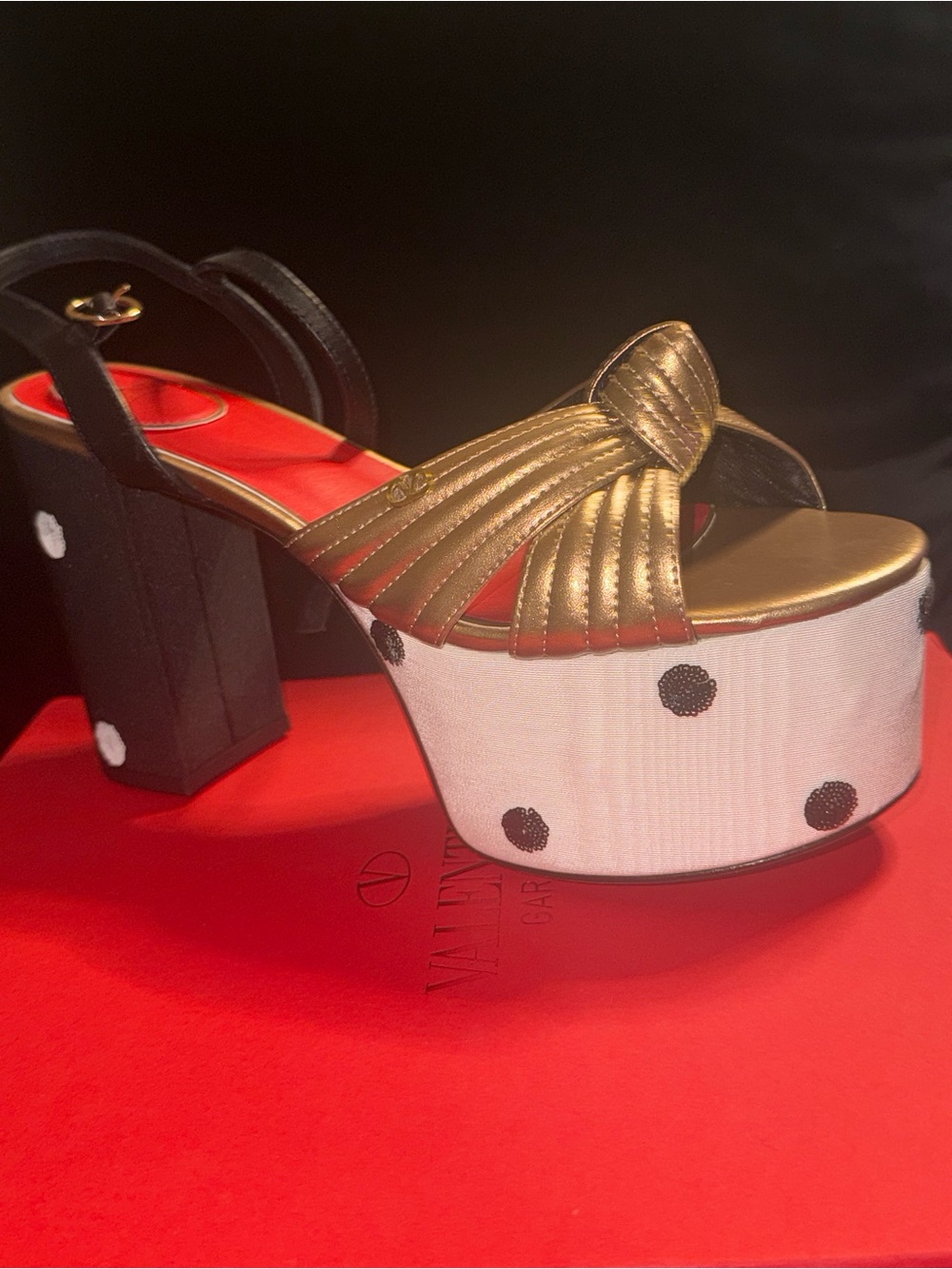Valentino Gold Metallic Knot Platform Sandal with White Polka Dot Platform